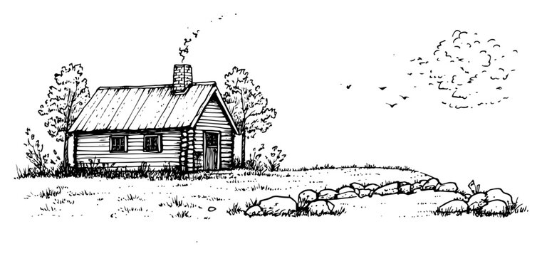 Wooden cabin in rural landscape with smoking chimney in hand drawn sketch style
