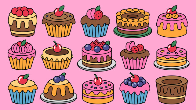 Colorful assortment of illustrated cakes and cupcakes on a pink background