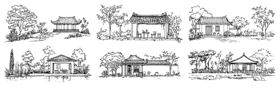 Traditional East Asian architecture pavilions and garden landscapes in hand drawn sketch style