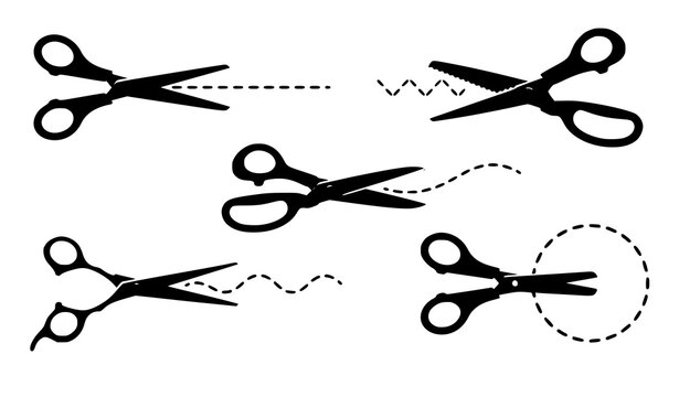 Scissors cutting line collection vector illustration dashed cut path set isolated on white background