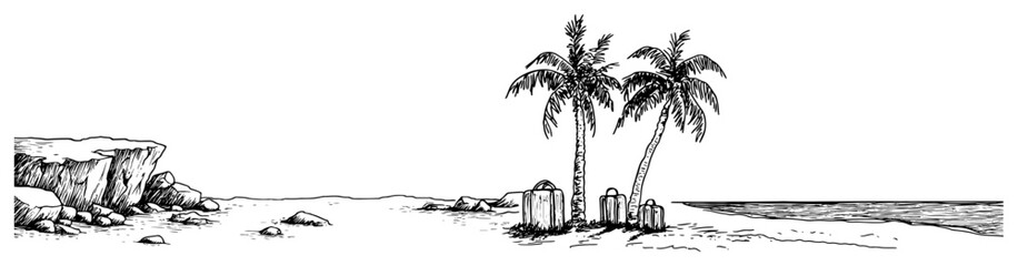 Tropical beach scene with palm trees and travel suitcases in hand drawn sketch style © Kaz