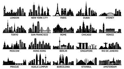 Obraz premium City skyline icons set with landmarks of London, New York, Paris, Dubai, Sydney and more for travel and tourism design