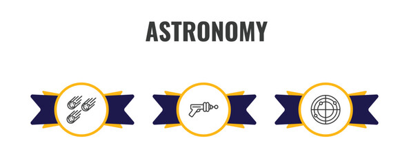 astronomy outline icon set. thin line meteorites, gun blaster, radar system icons. editable vector © Farahim