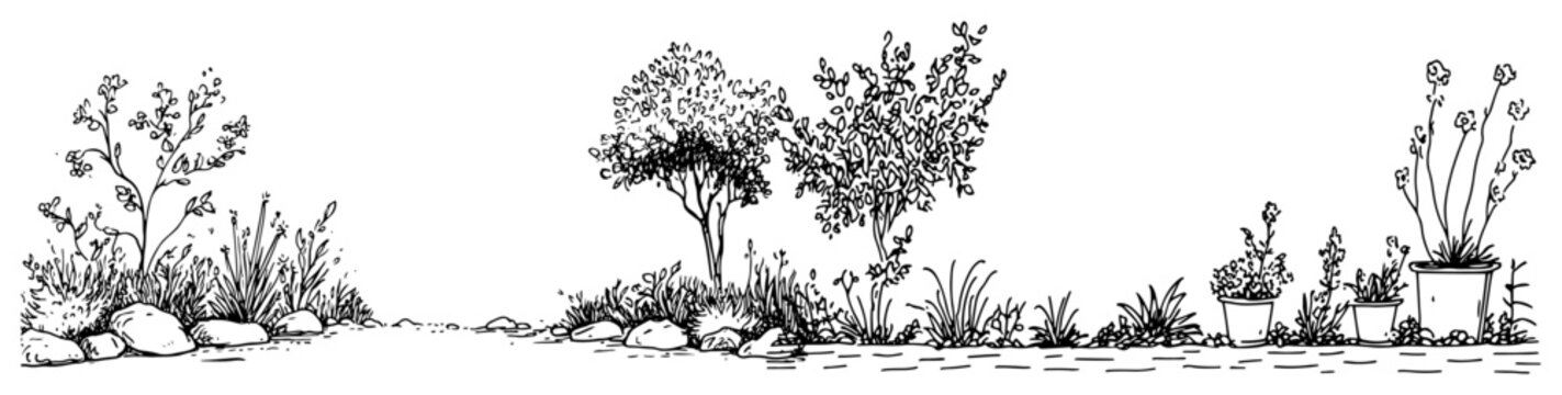 Garden landscape with various plants and flower pots in minimalist line art style