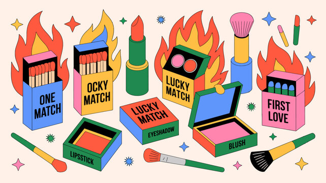 Colorful illustration of makeup products and matchboxes with flames whimsical style