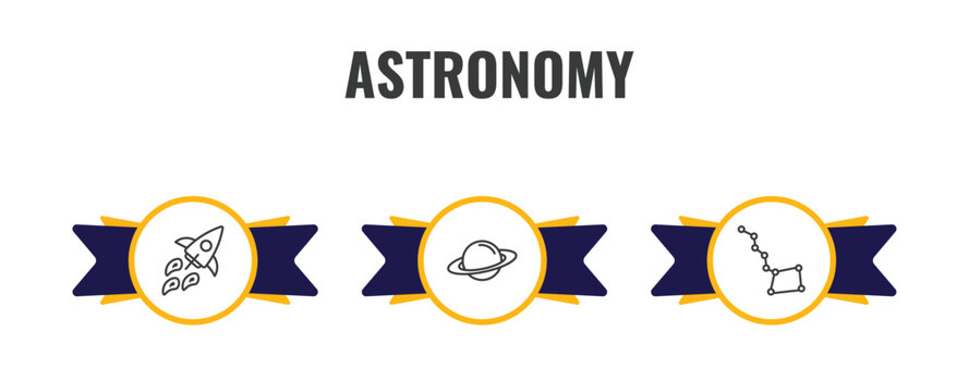astronomy outline icon set. thin line rocket flying, saturn, big dipper icons. editable vector
