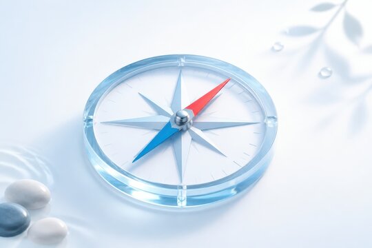 Glass compass with blue and red needle on white background as a navigation and travel concept