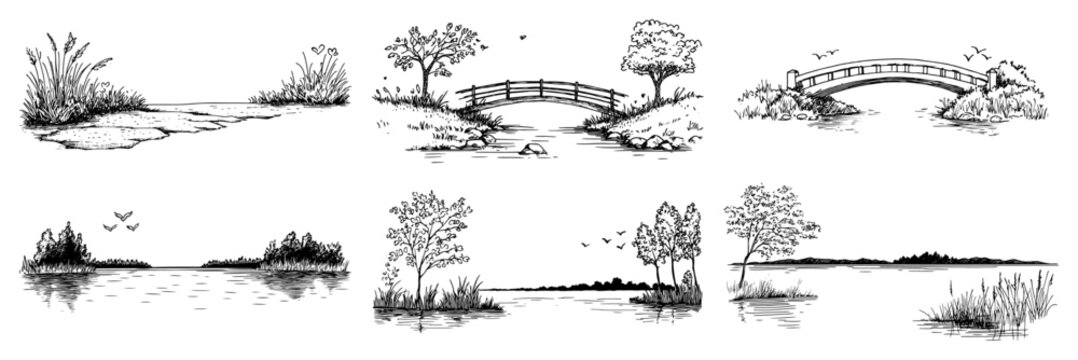 Nature landscape scenes with river bridge and trees in hand drawn sketch style