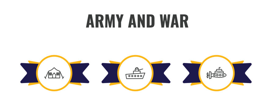 army and war outline icon set. thin line militar tent, naval, submarine front view icons. editable vector