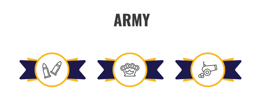 army outline icon set. thin line two bullets, knuckle, artillery icons. editable vector