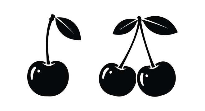 Cherries with leaves black silhouette on white background