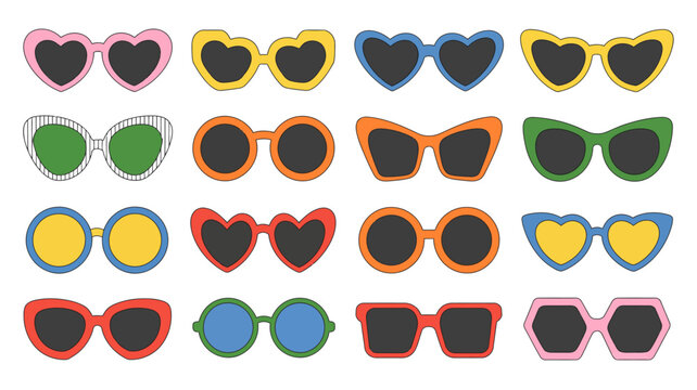 collection of colorful sunglasses with various frame shapes on a white background