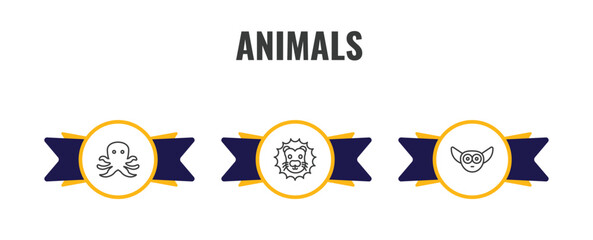 animals outline icon set. thin line octopus, lion head, lemur icons. editable vector © Farahim