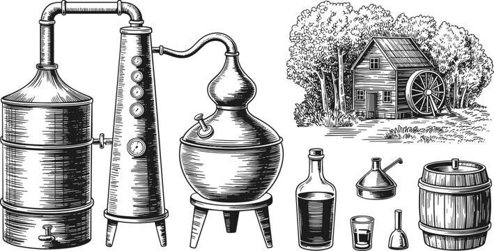 Vintage Alcohol Distillery Apparatus Engraving Set Featuring Copper Moonshine Still Wooden Barrel Old Watermill Cabin and Rum Bottles for Craft Beverage Labels