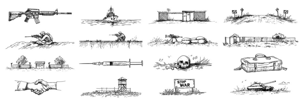 Collection of war conflict and peace symbols including weapons and soldiers in vintage engraving style