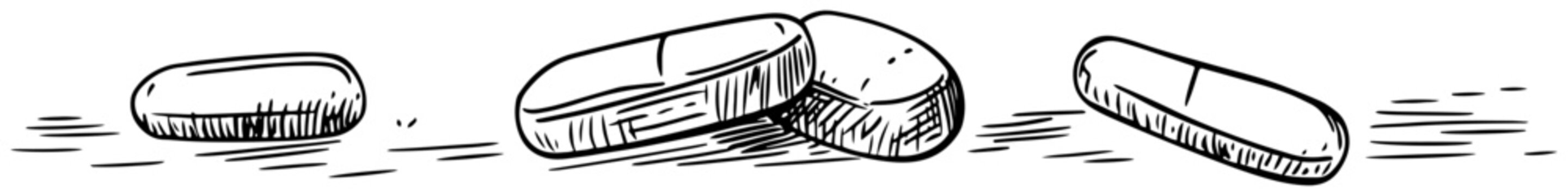 Medical pills and capsules scattered for healthcare concept in sketchy line art style