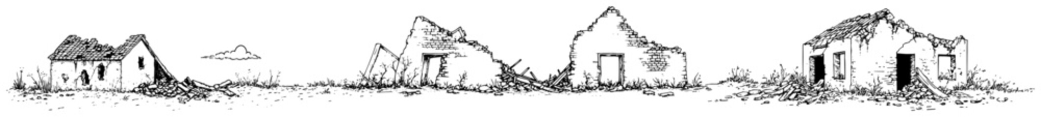 Ruined houses and destroyed village buildings in war zone in hand drawn line art style © Kaz