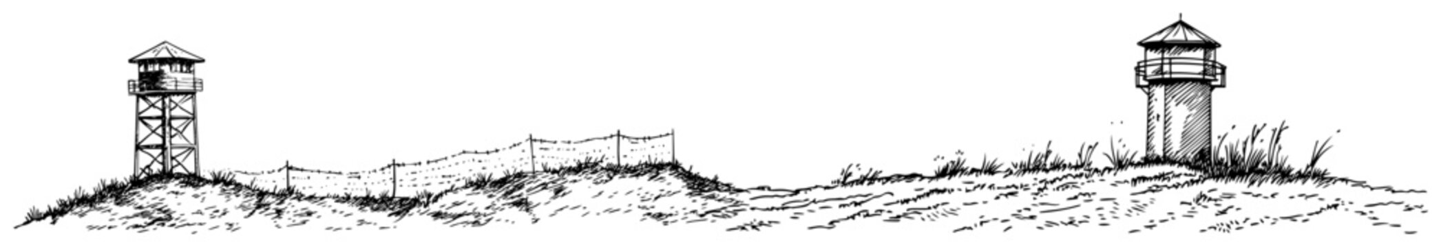 Military watchtowers on a hill with fence in hand drawn sketch style