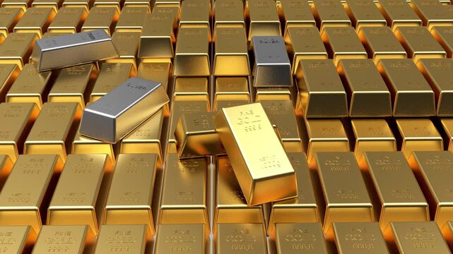 Rows of gold bars with a few silver ingots shifting and stacking across a reflective surface in a luxury wealth concept, 3D animation