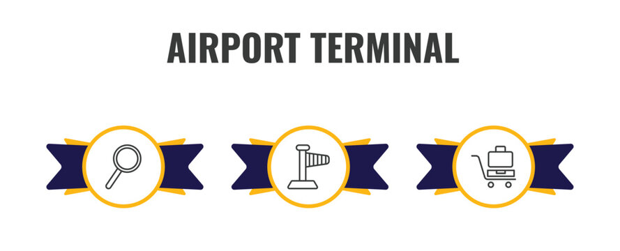 airport terminal outline icon set. thin line airport searchor, right wing, luggage trolley icons. editable vector