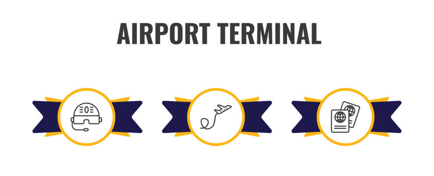 airport terminal outline icon set. thin line pilot helmet, plane flying, two passports icons. editable vector
