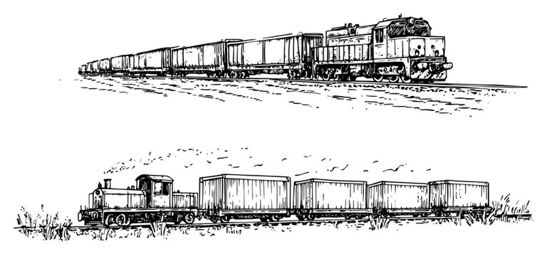 Freight trains with locomotive and cargo wagons for logistics transport in hand drawn engraving style