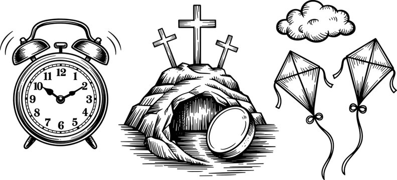 Vintage Christian Easter and Spring Engraving Set Featuring Empty Tomb Three Crosses Calvary Hill Alarm Clock Kites and Cloud for Religious Event Designs