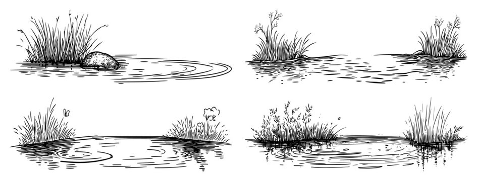 Water landscape vignettes featuring pond ripples reeds and grasses in hand drawn engraving style