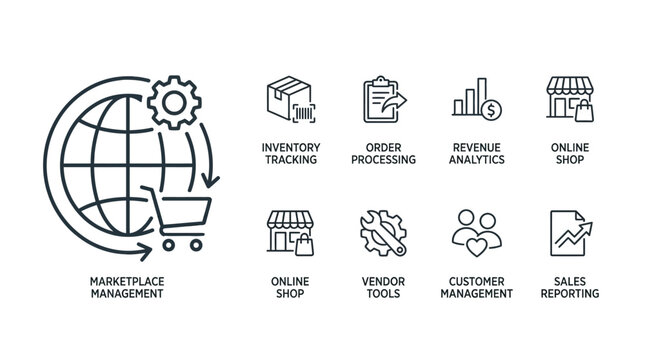E Commerce Seller Dashboard Icon Set Vector with Inventory and Revenue Analytics Symbols