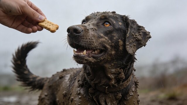 A playful dog covered in mud looks up with bright eyes, anticipating a delicious snack offered by a human hand. The scene is set on a gray, cloudy day.