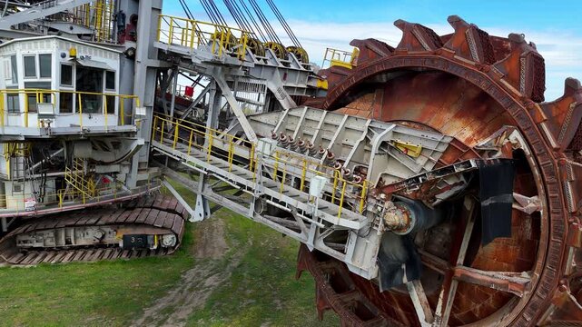 Drone film showing a close-up of a massive bucket wheel excavator with rusty steel buckets, heavy crawler tracks, operator cabin, industrial metal structure, yellow safety railings, and blue sky.