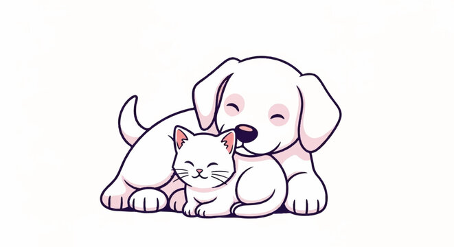Cute White Puppy and Kitten Hugging Together.