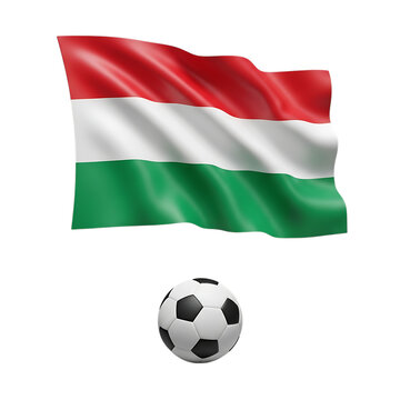 Hungary flag waving over soccer ball on grid background.