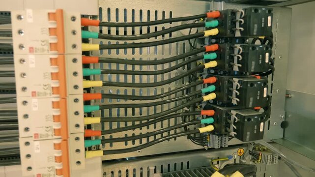 Thick power wires connect electrical devices in industrial equipment. Closeup. Shot in motion