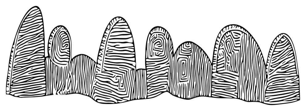Stylized rock formations with organic line patterns in vintage engraving style
