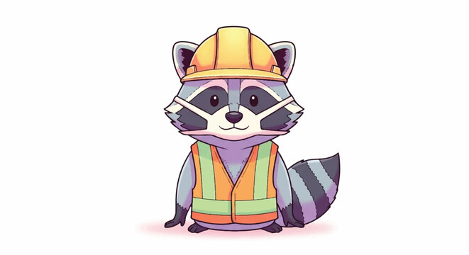 Cute Cartoon Raccoon Wearing Hard Hat and Safety Vest.