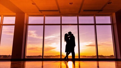 Fototapeta premium A couple stands close together, silhouetted against a stunning sunset. Soft colors fill the sky, creating a serene backdrop for their intimate moment, evoking feelings of love and connection.