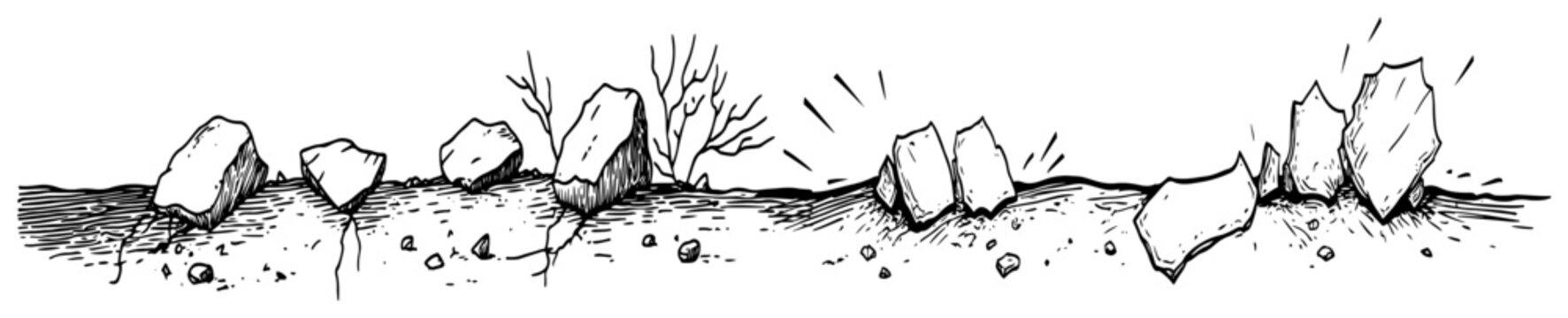 Rocks and scattered stones on ground surface in hand drawn sketch style