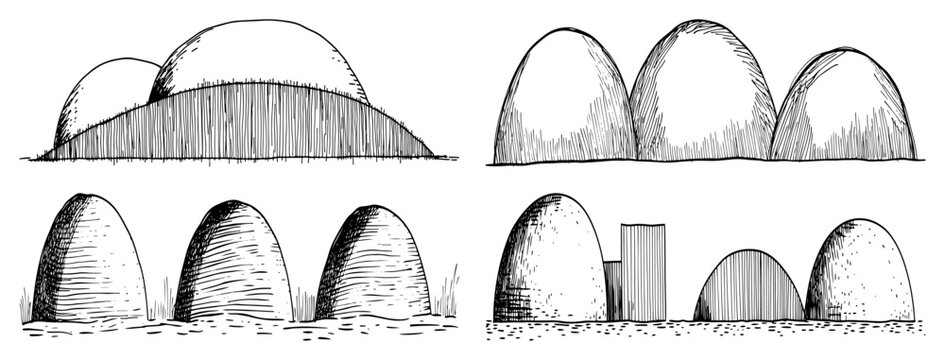Round hills and landform mounds in minimalist hand drawn sketch style