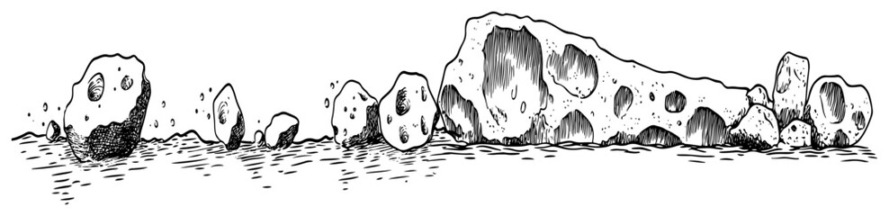 Volcanic porous rocks and boulders with holes in vintage engraving style © Kaz