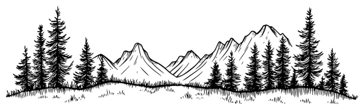 Mountain range with pine forest and alpine peaks in vintage engraving style