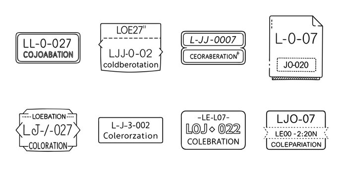 Flat design document labels with codes - Minimalist flat design document labels showing various codes and categories in a clean layout style