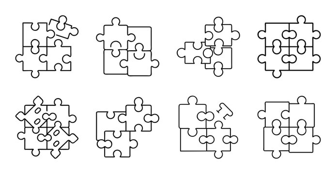Jigsaw puzzle pieces set with missing parts - Colorful jigsaw puzzle pieces arranged in grids, some incomplete with missing sections for creative or educational use