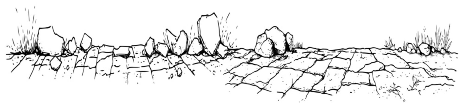 Broken stone path with cracked ground and scattered rocks in detailed sketch style