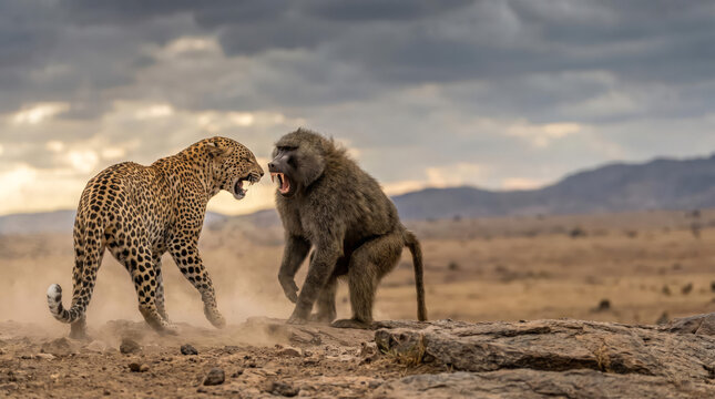 Leopard vs baboon troop leader confrontation on tree branch, predator vs prey behavior, copy space left side