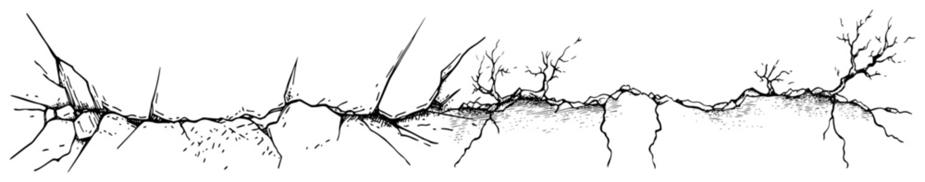 Deep ground cracks and fissures in parched earth in hand drawn engraving style