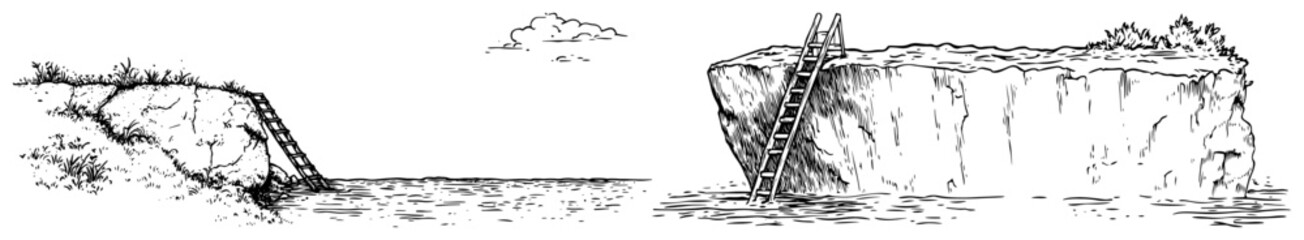 Coastal cliffs with wooden ladders and calm sea in detailed line art style © Kaz