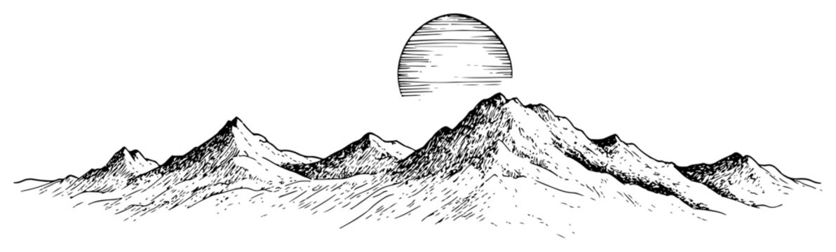 Mountain range panorama with large sun setting in vintage engraving style