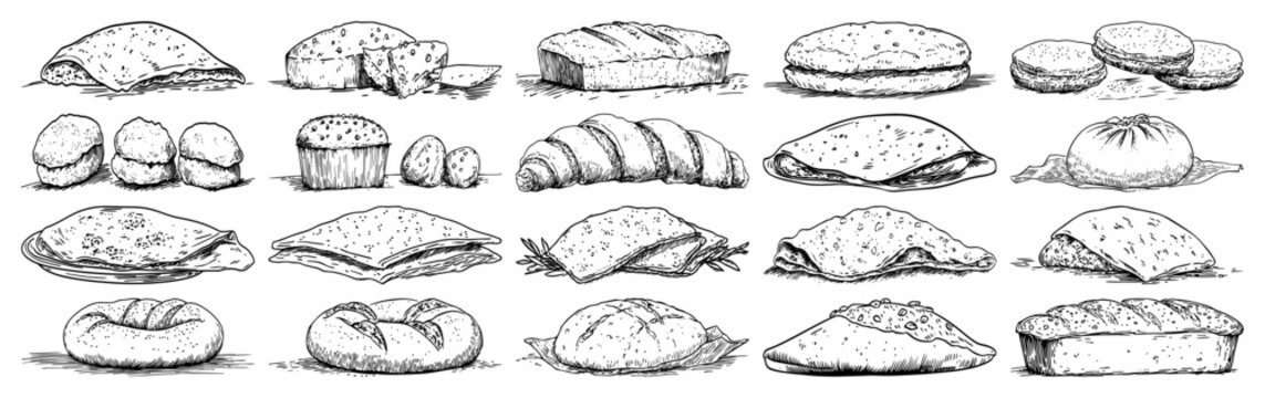 Bakery products collection including bread loaves buns and croissants in hand drawn sketch style