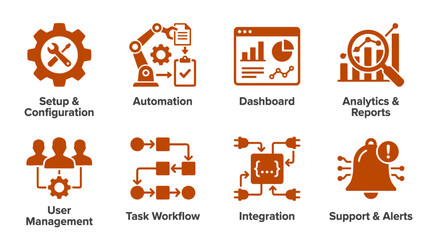 Set of eight orange flat business management and software development icons. © bhinar